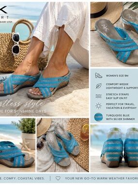 AK Anne Klein Sport Wedge Sandals 9M Y2K Blue Silver Stretch Criss Cross Comfort